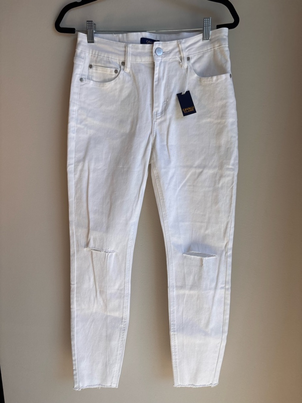 Cavalli Class White Distressed Mid Rise Ultra Slim Jeans — Size 27 NWT